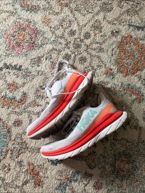 Hoka White Running Shoes with Coral & Mint Accents